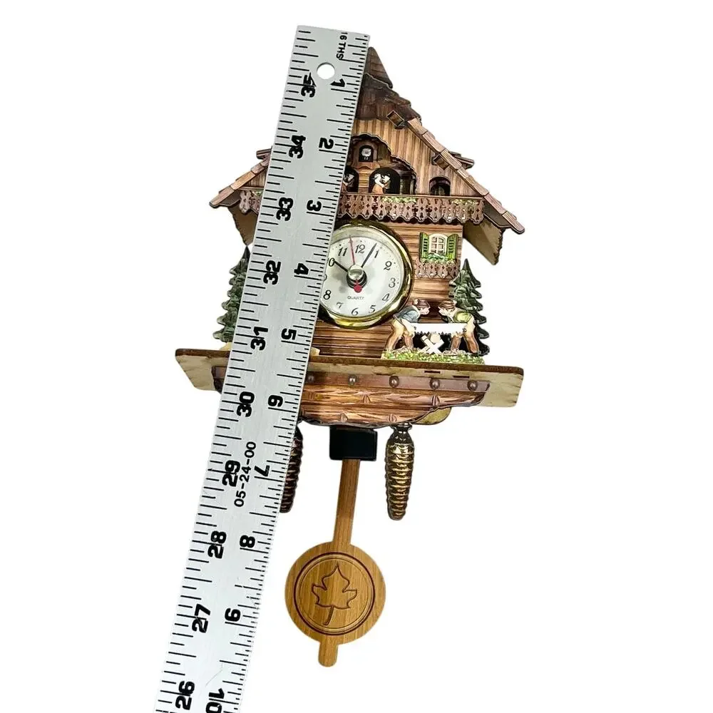 Miniature Wooden Quartz Cuckoo Clock Germany Woodcutters Log Sawing Chalet